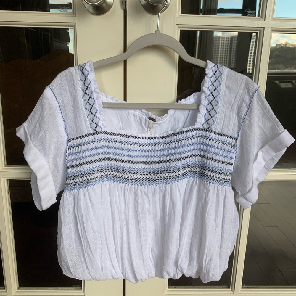 Free People White Linen Embroidered Elastic Bottom Top